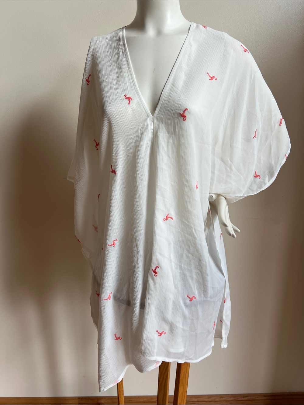 Flamingo-Print Swim Cover-Up Tunic breezy white light weight whimsy coastal